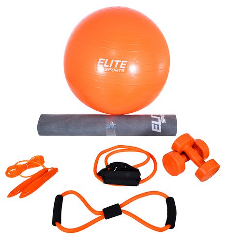 Set para ejercicios pelota + cuerda de saltar + colchoneta + mancuernas + liga