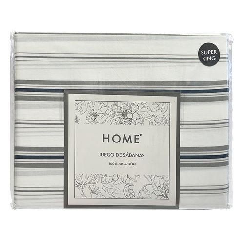 Juego de Sábanas HOME Super King 180 hilos blanco/gris con franjas